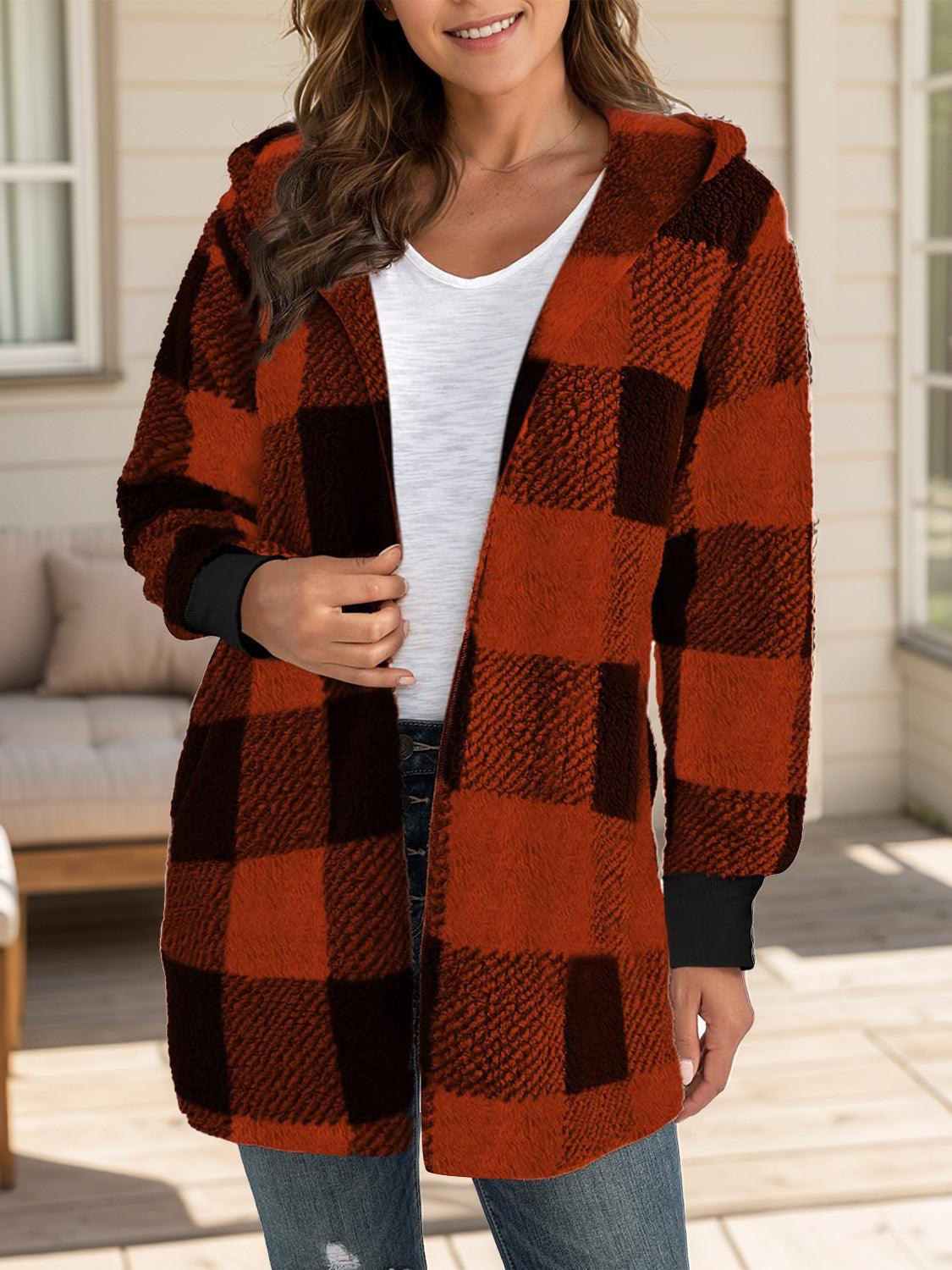 Plaid Long Sleeve Hooded Coat - Bona Fide Fashion