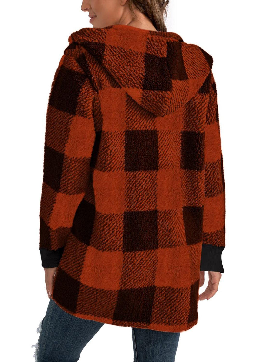 Plaid Long Sleeve Hooded Coat - Bona Fide Fashion