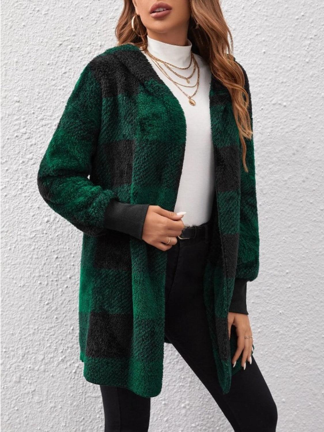 Plaid Long Sleeve Hooded Coat - Bona Fide Fashion