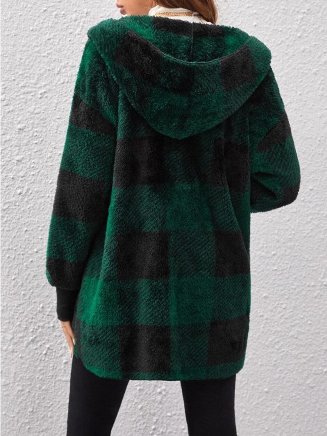 Plaid Long Sleeve Hooded Coat - Bona Fide Fashion