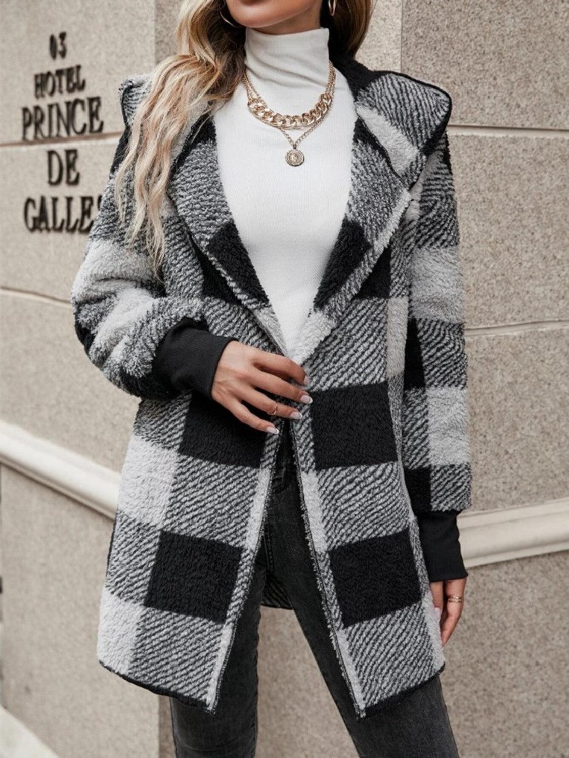 Plaid Long Sleeve Hooded Coat - Bona Fide Fashion