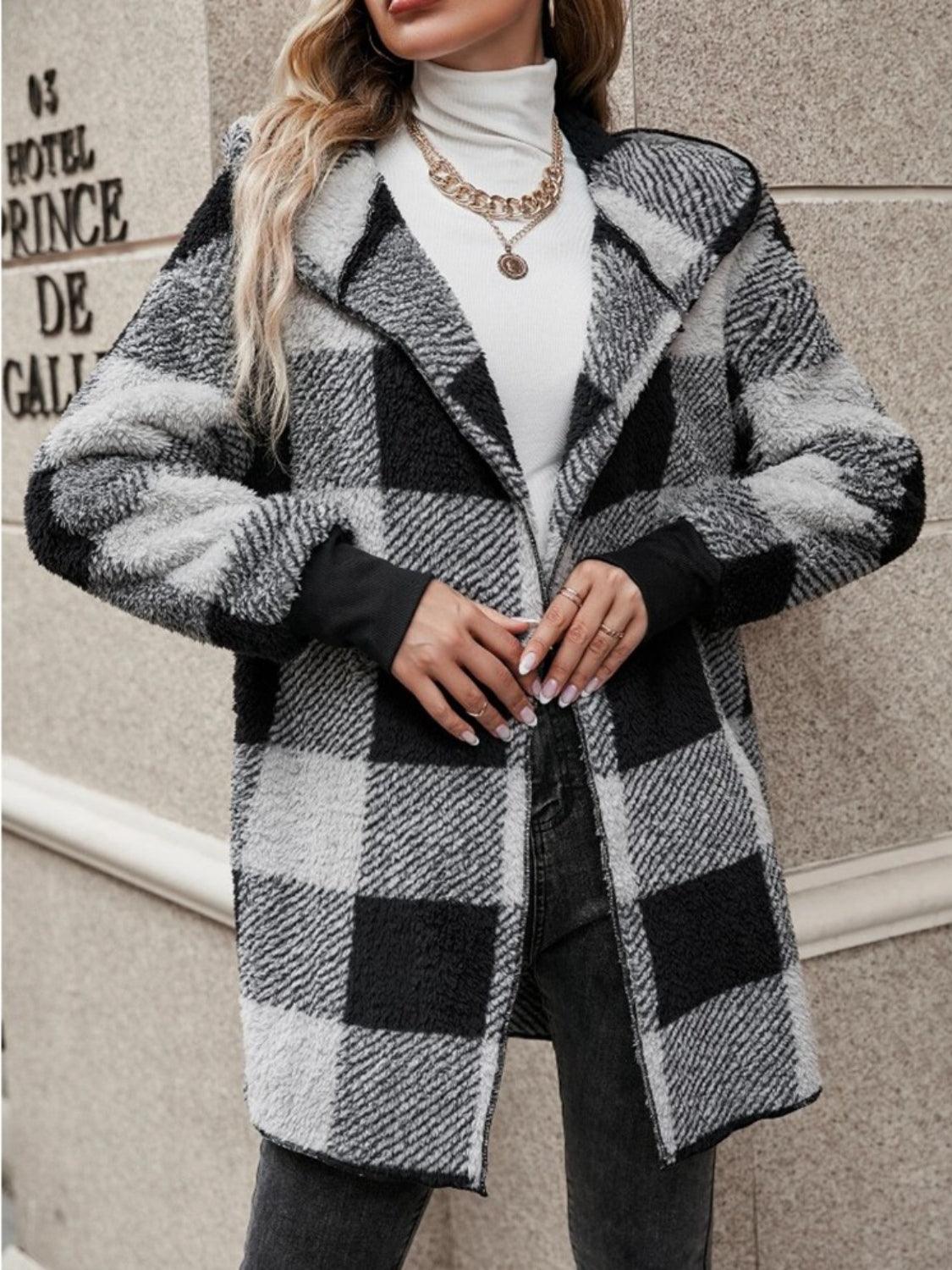 Plaid Long Sleeve Hooded Coat - Bona Fide Fashion