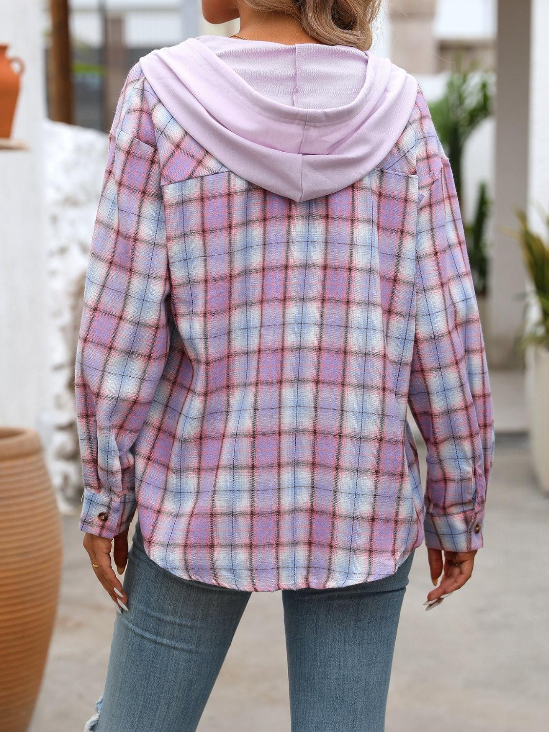 Plaid Long Sleeve Hooded Jacket - Bona Fide Fashion