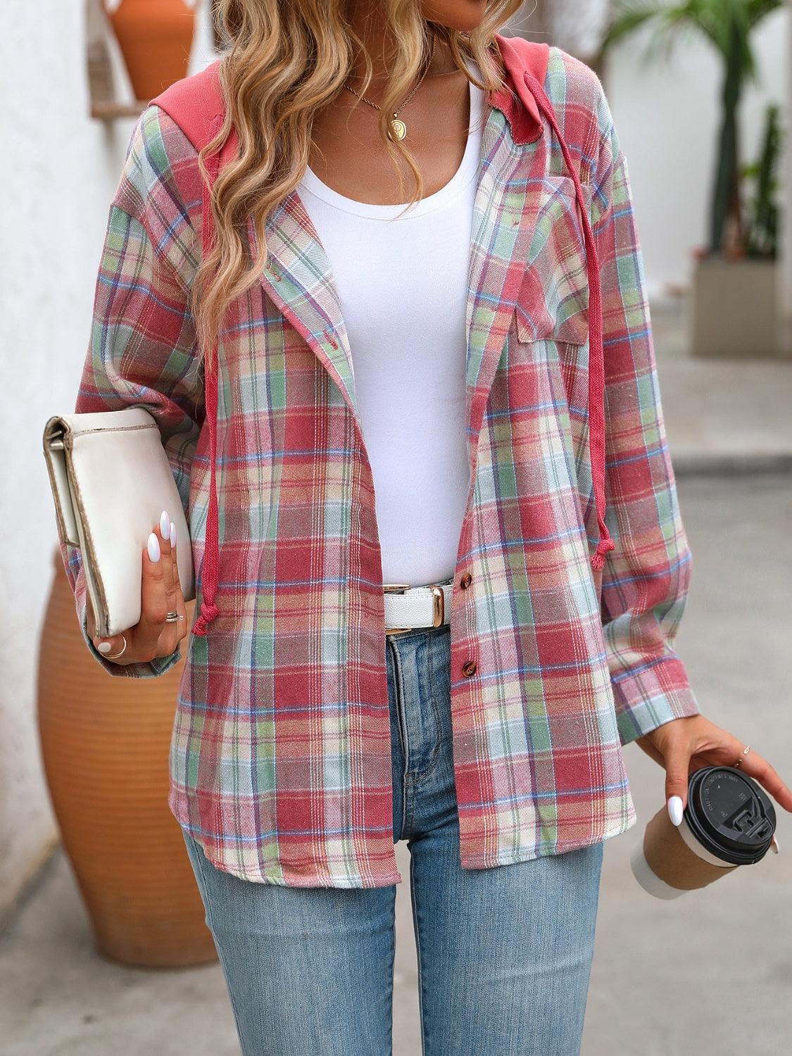 Plaid Long Sleeve Hooded Jacket - Bona Fide Fashion