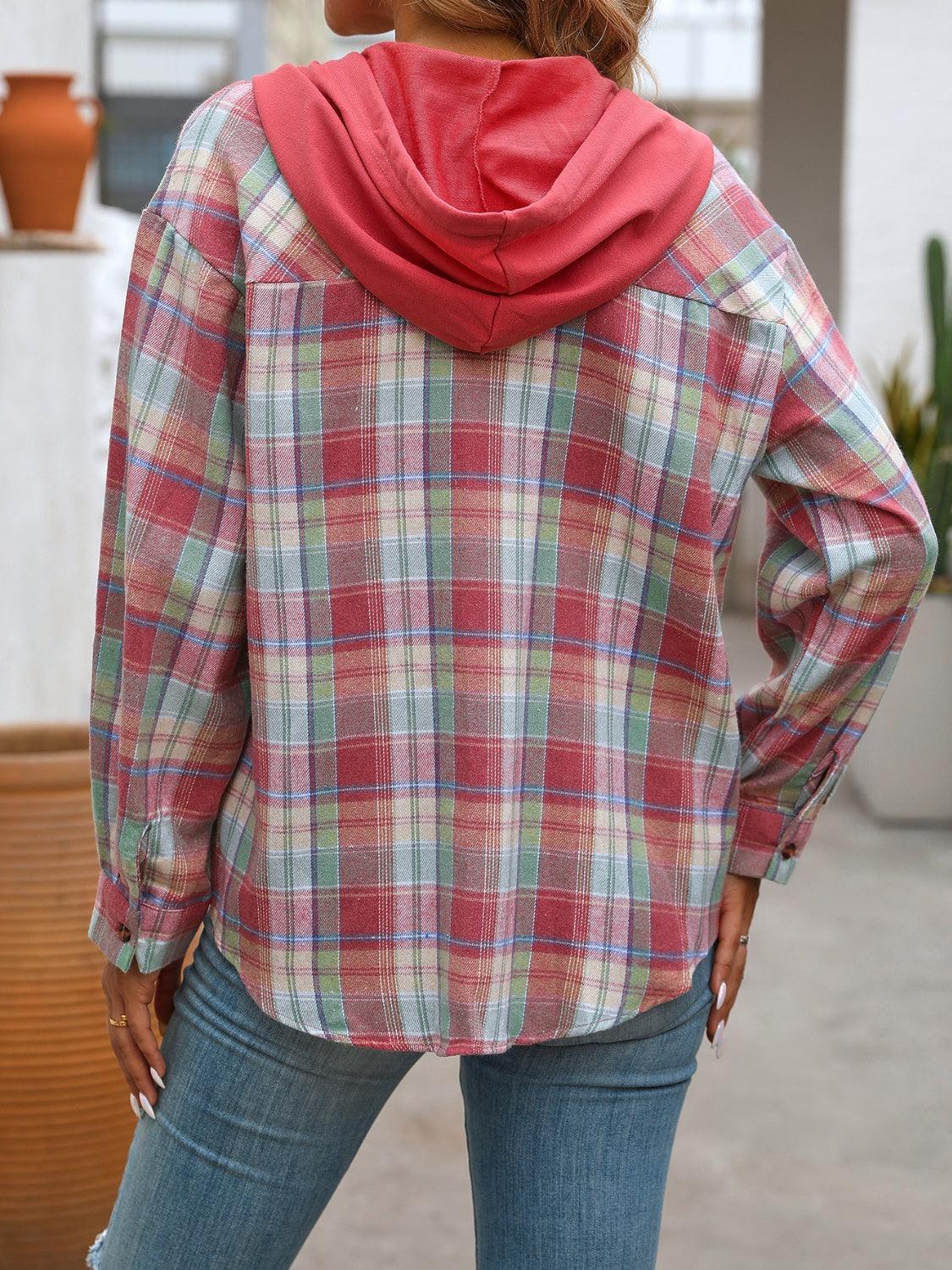 Plaid Long Sleeve Hooded Jacket - Bona Fide Fashion