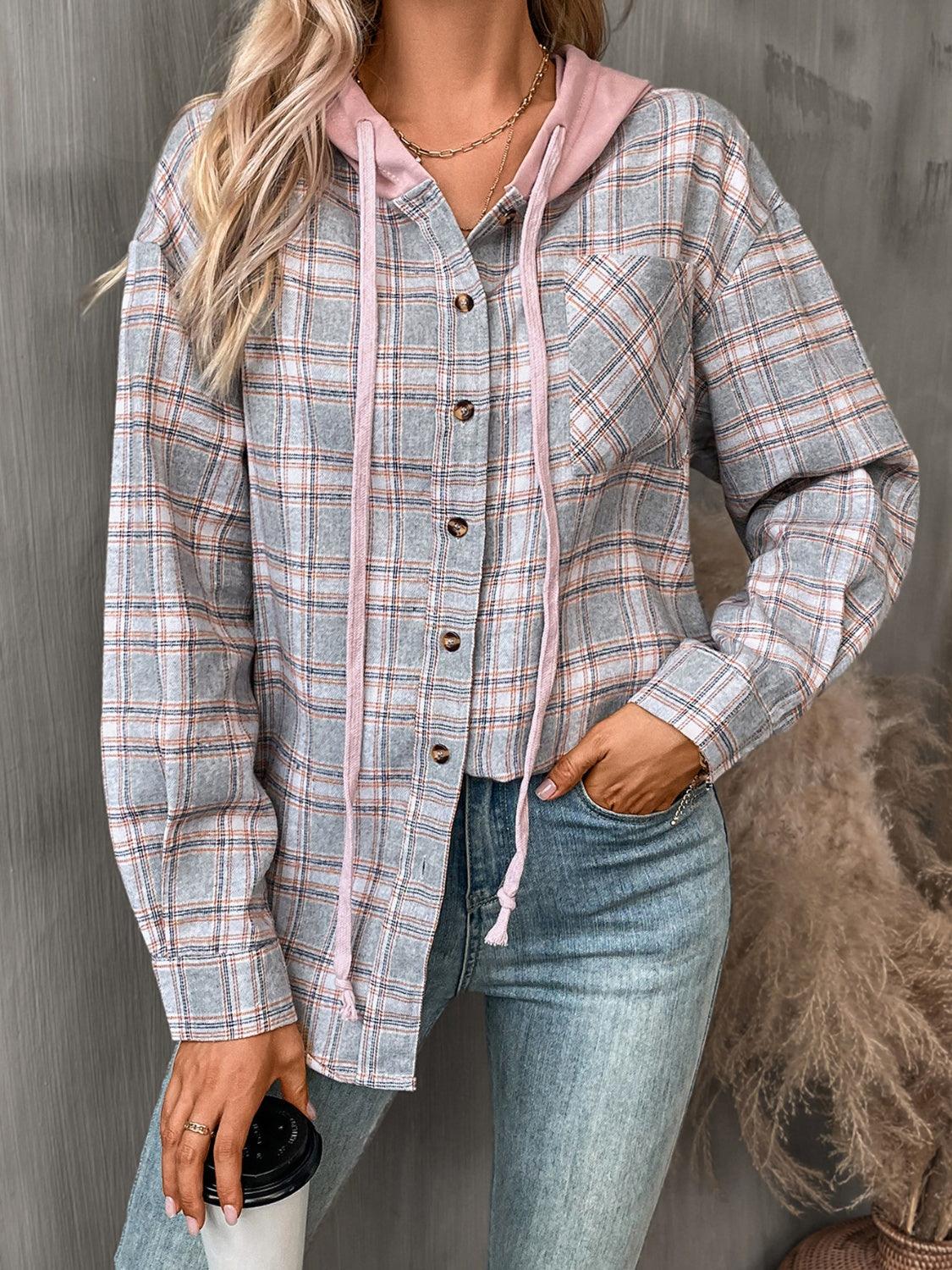 Plaid Long Sleeve Hooded Jacket - Bona Fide Fashion