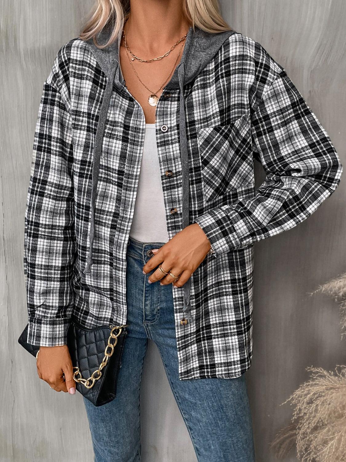 Plaid Long Sleeve Hooded Jacket - Bona Fide Fashion