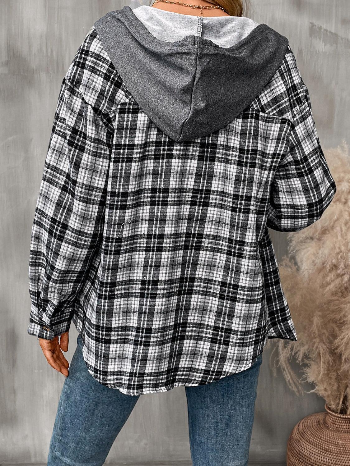 Plaid Long Sleeve Hooded Jacket - Bona Fide Fashion