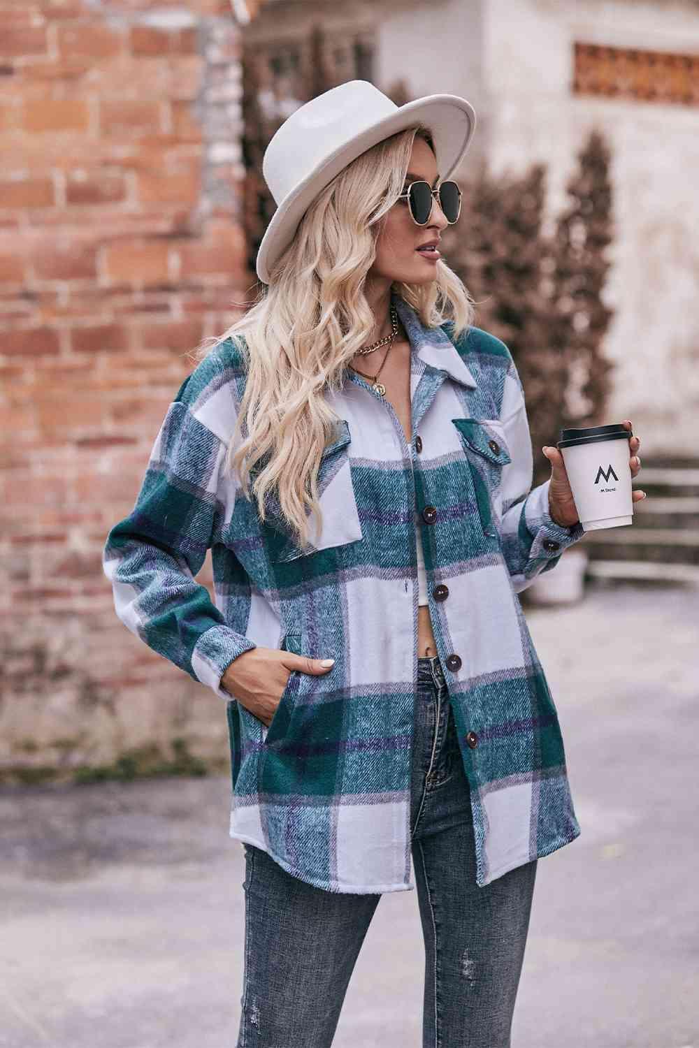 Plaid Long Sleeve Shirt Jacket with Pockets - Bona Fide Fashion