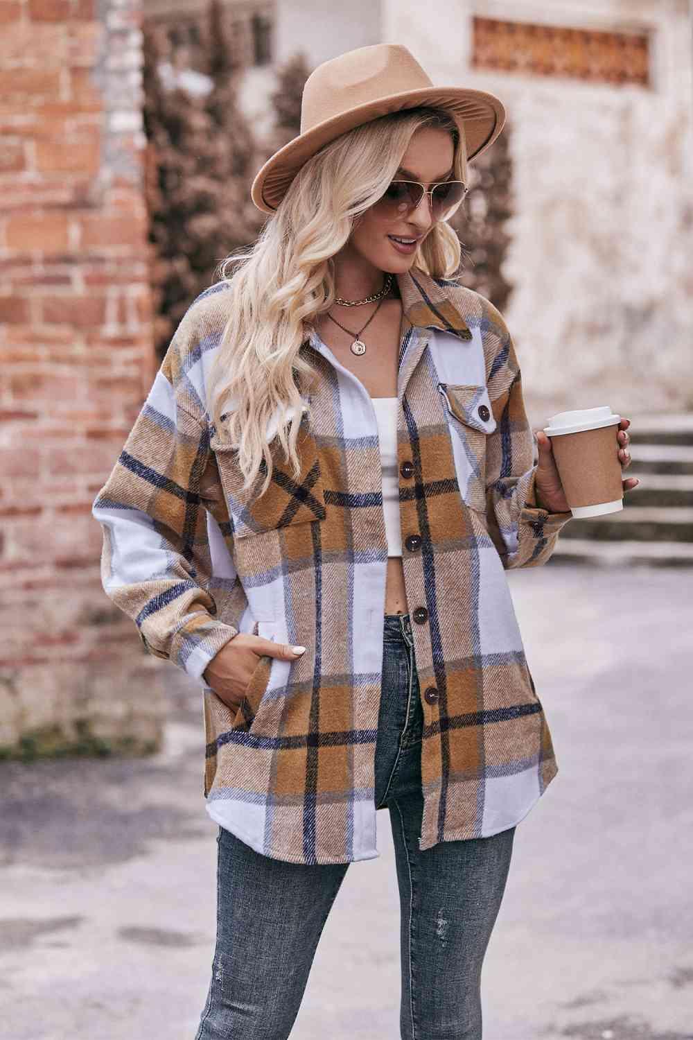 Plaid Long Sleeve Shirt Jacket with Pockets - Bona Fide Fashion