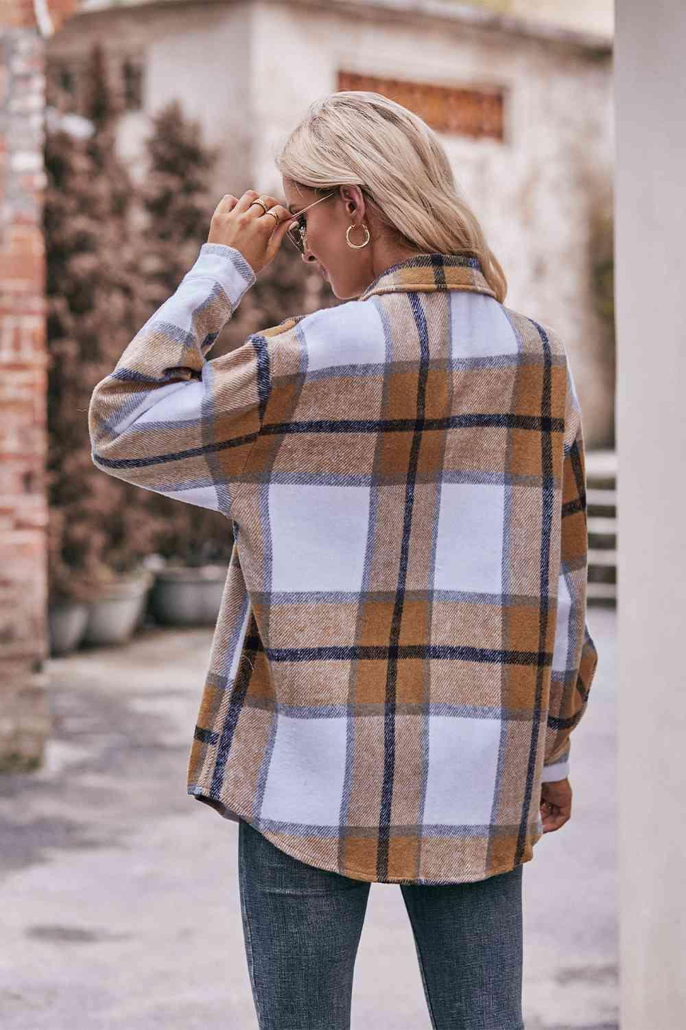 Plaid Long Sleeve Shirt Jacket with Pockets - Bona Fide Fashion