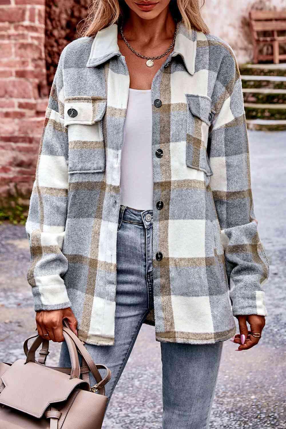 Plaid Long Sleeve Shirt Jacket with Pockets - Bona Fide Fashion