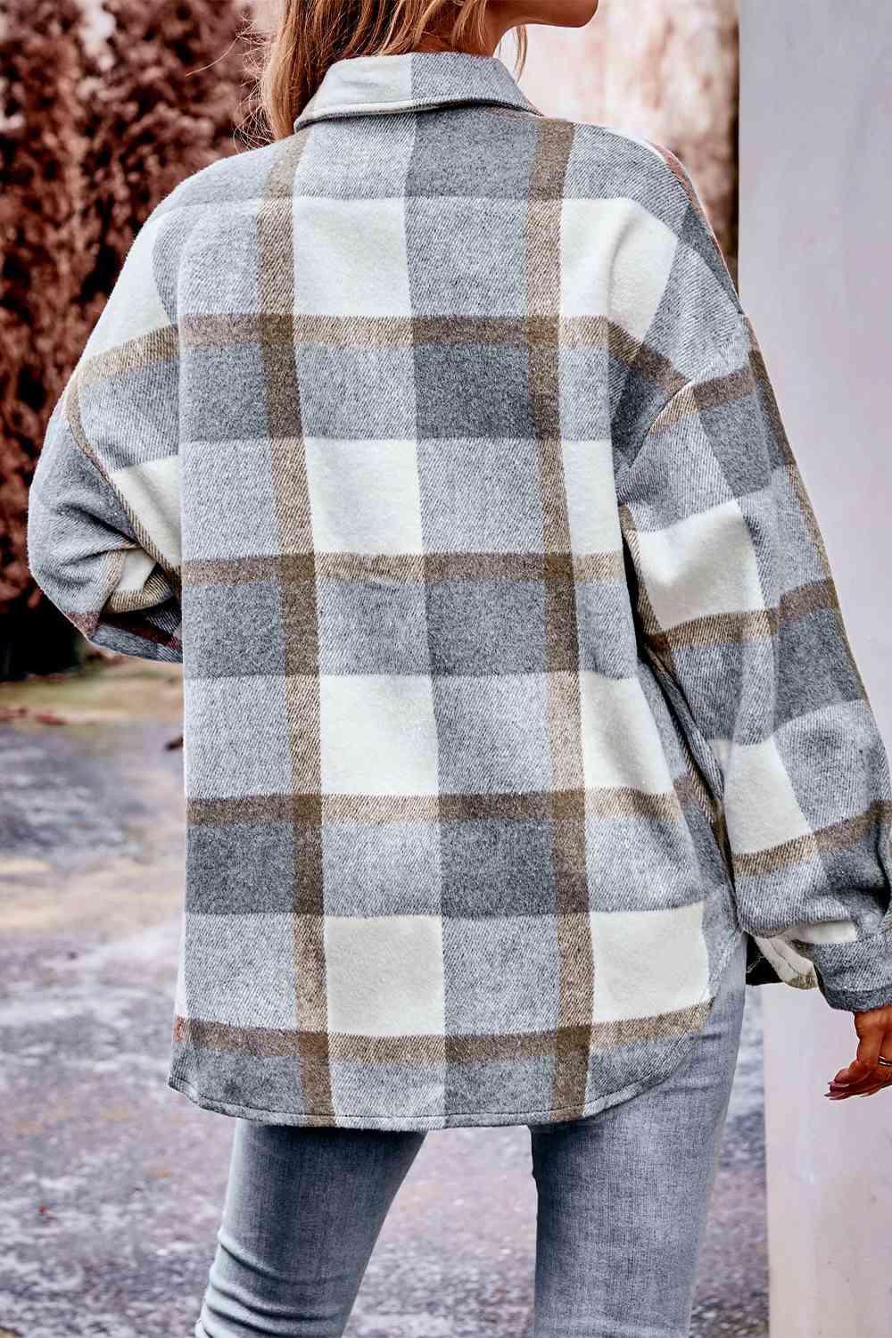 Plaid Long Sleeve Shirt Jacket with Pockets - Bona Fide Fashion