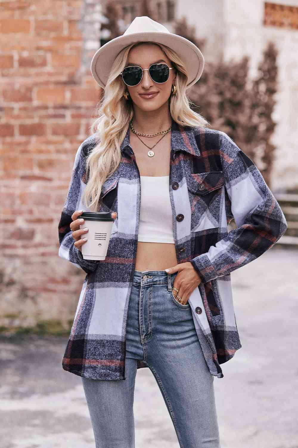 Plaid Long Sleeve Shirt Jacket with Pockets - Bona Fide Fashion