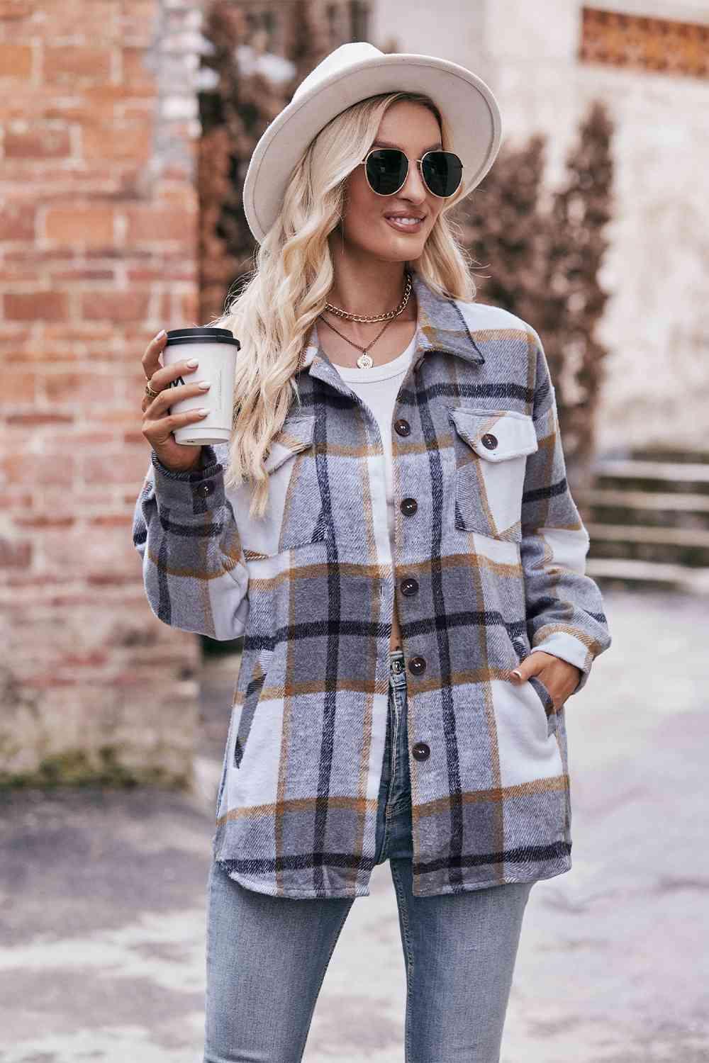 Plaid Long Sleeve Shirt Jacket with Pockets - Bona Fide Fashion