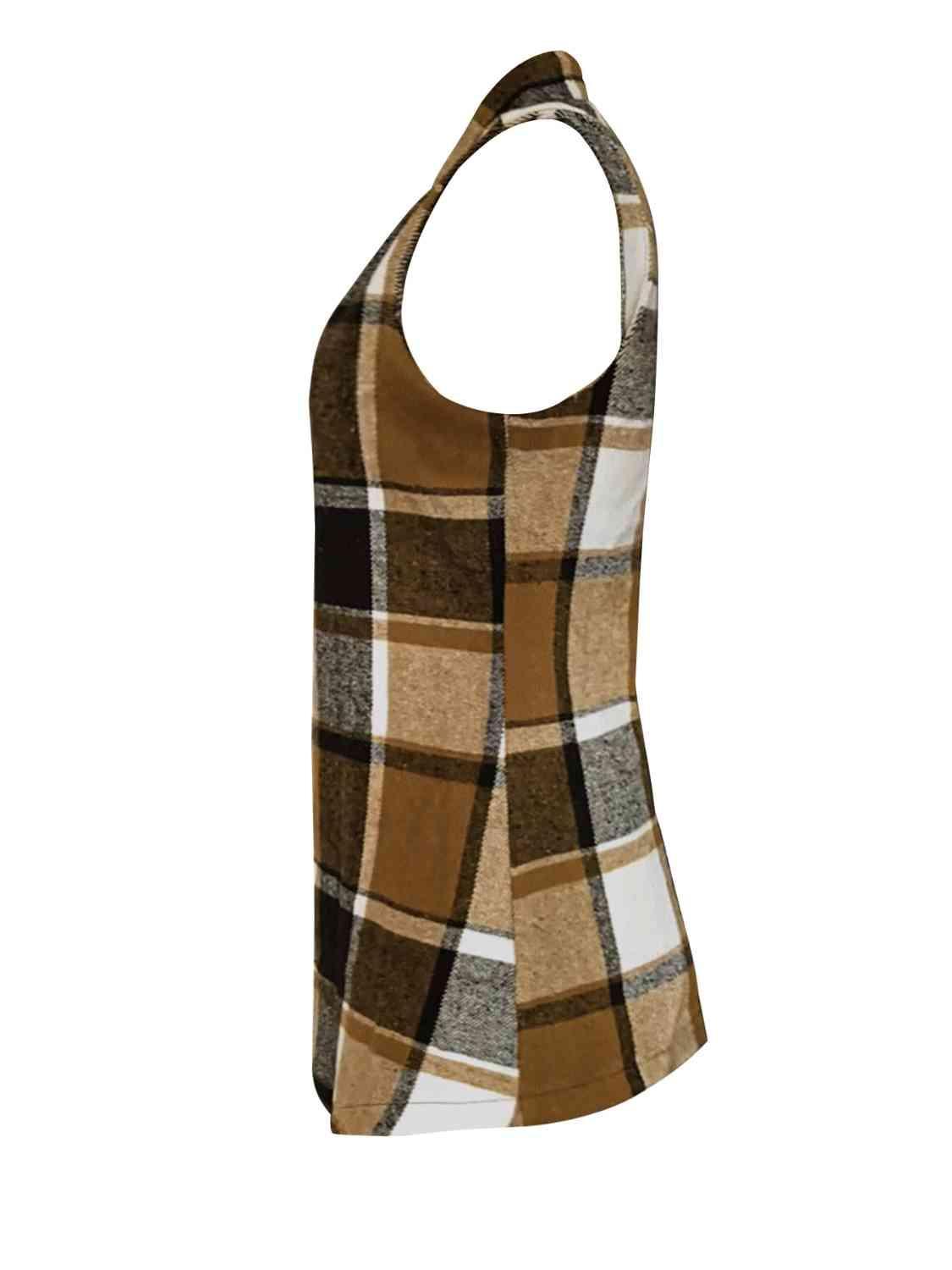 Plaid Open Front Collared Neck Vet - Bona Fide Fashion