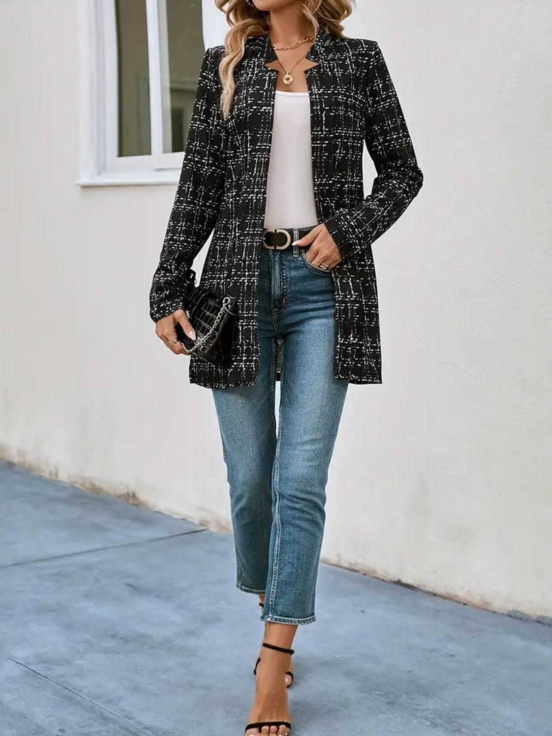 Plaid Open Front Long Sleeve Blazer - Bona Fide Fashion