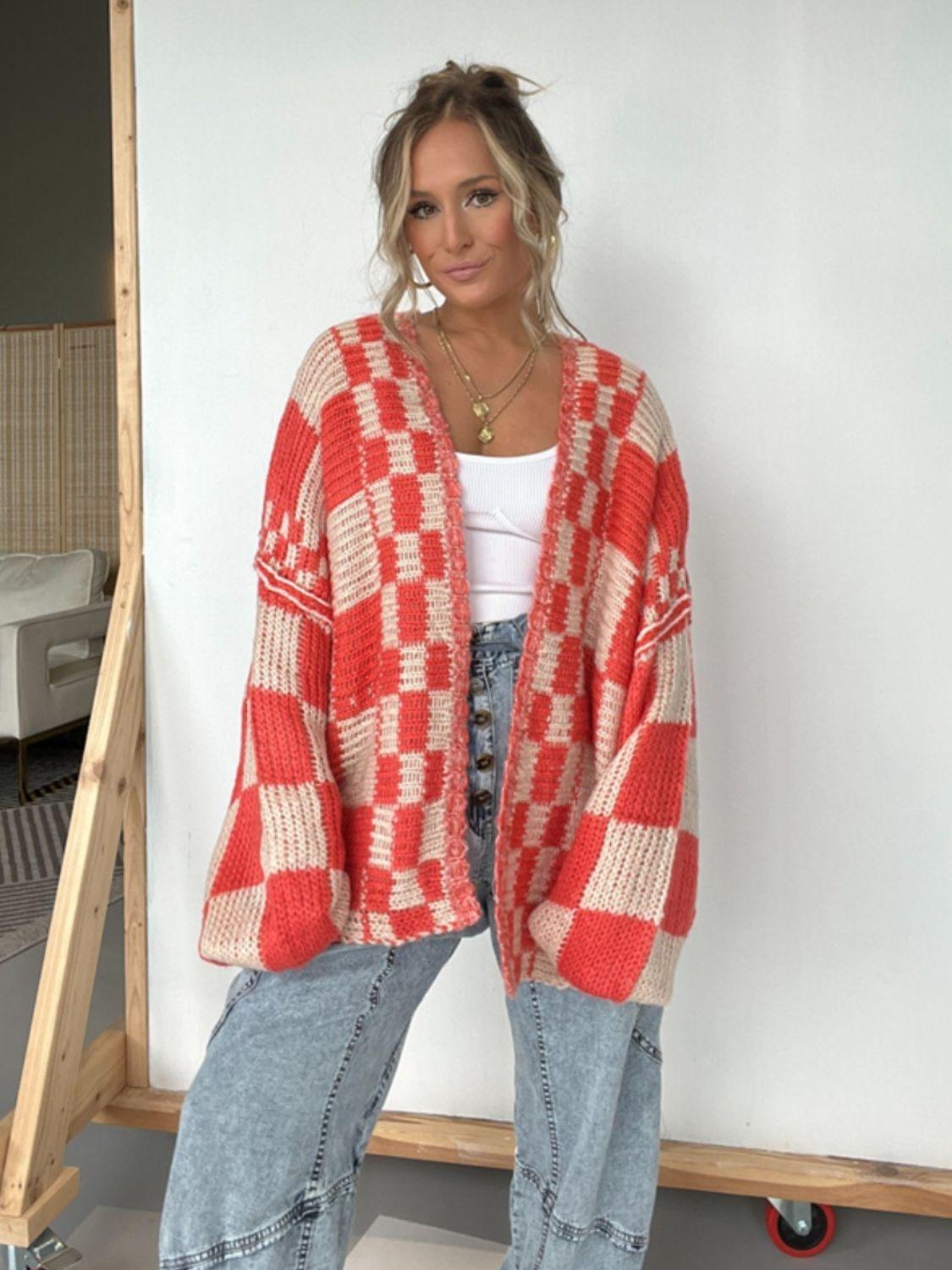 Plaid Open Front Long Sleeve Cardigan - Bona Fide Fashion