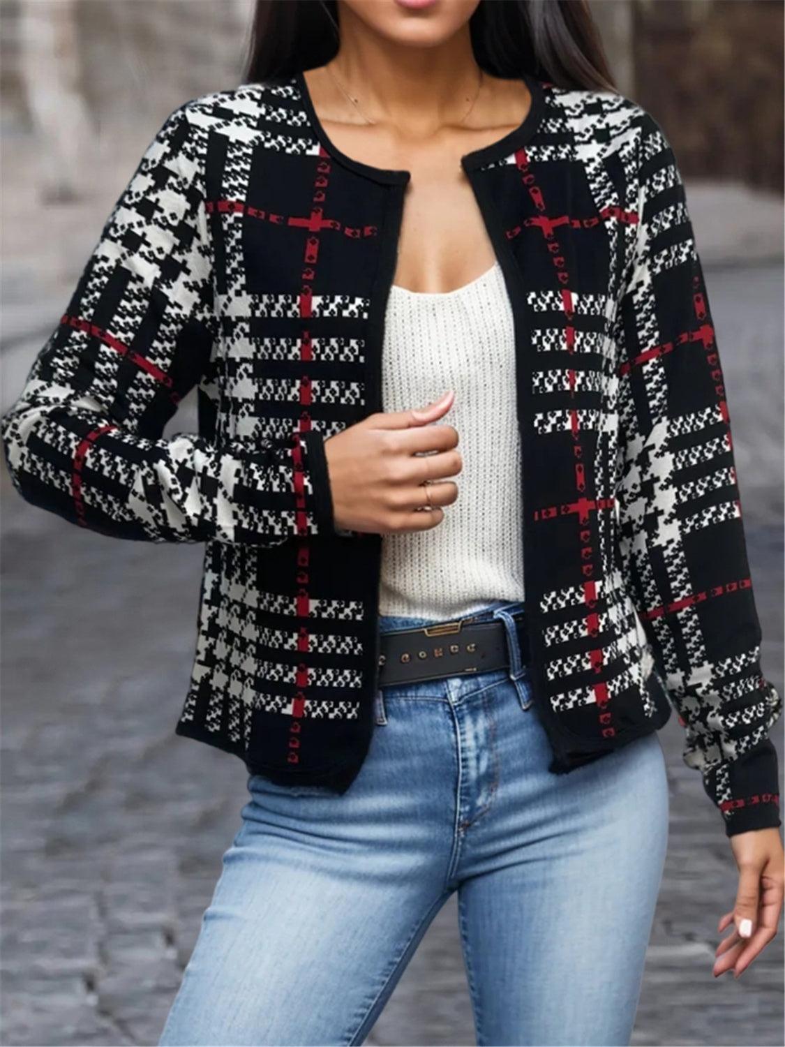 Plaid Open Front Long Sleeve Jacket - Bona Fide Fashion