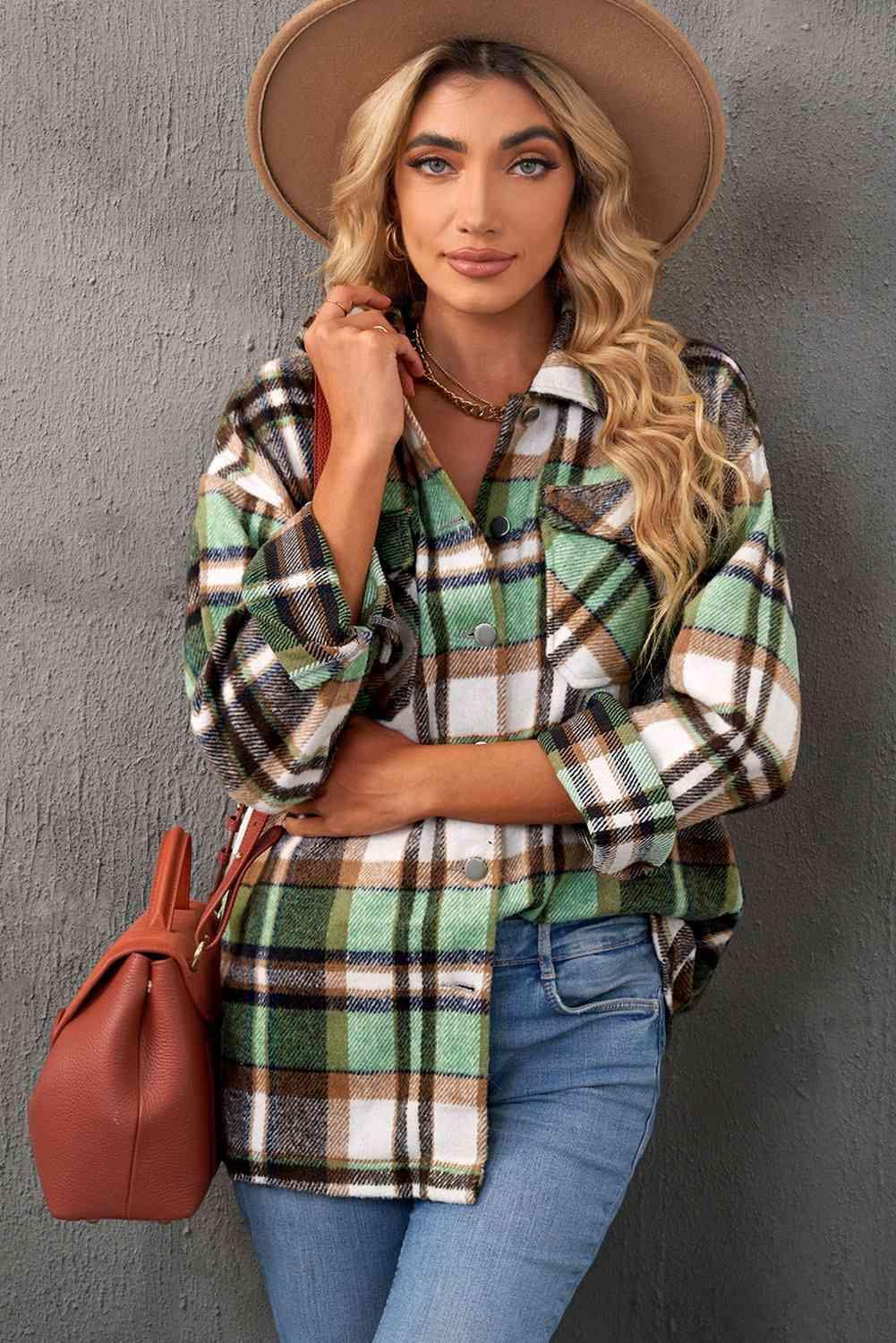 Plaid Pocketed Button Down Shacket - Bona Fide Fashion