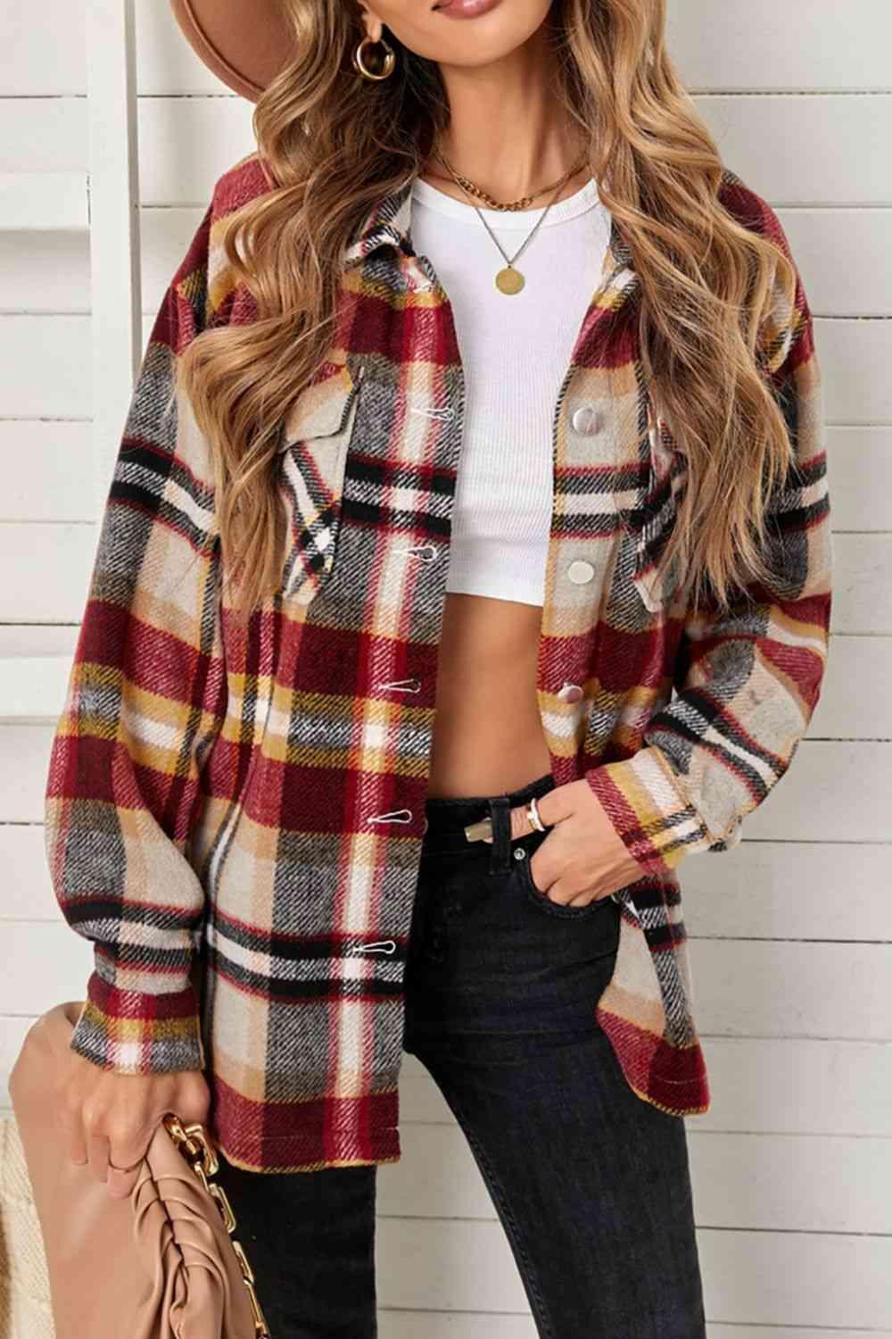 Plaid Pocketed Button Down Shacket - Bona Fide Fashion