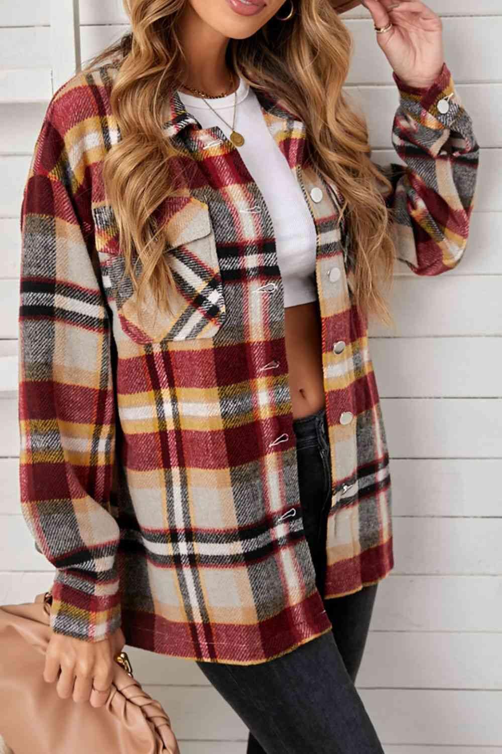 Plaid Pocketed Button Down Shacket - Bona Fide Fashion