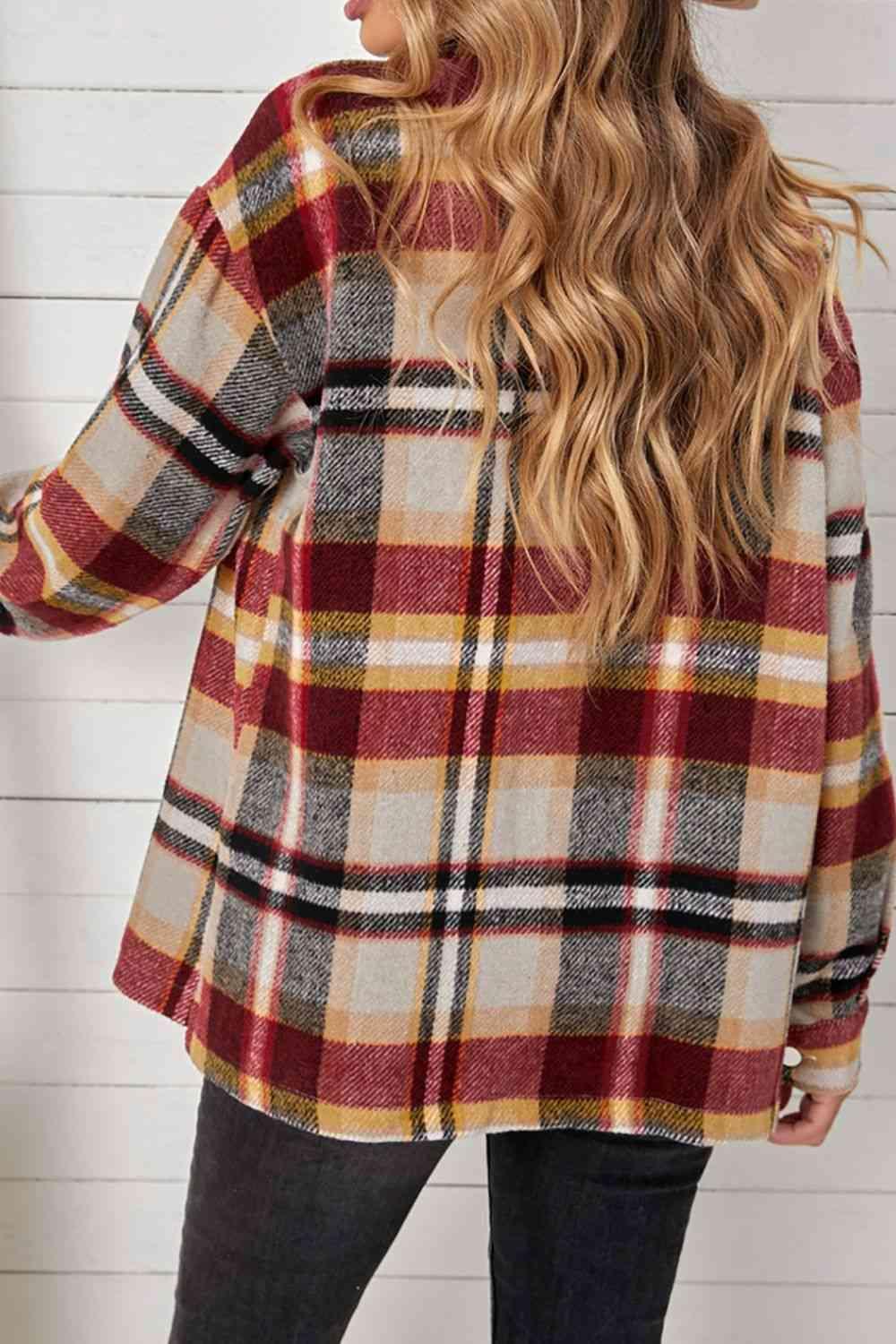 Plaid Pocketed Button Down Shacket - Bona Fide Fashion