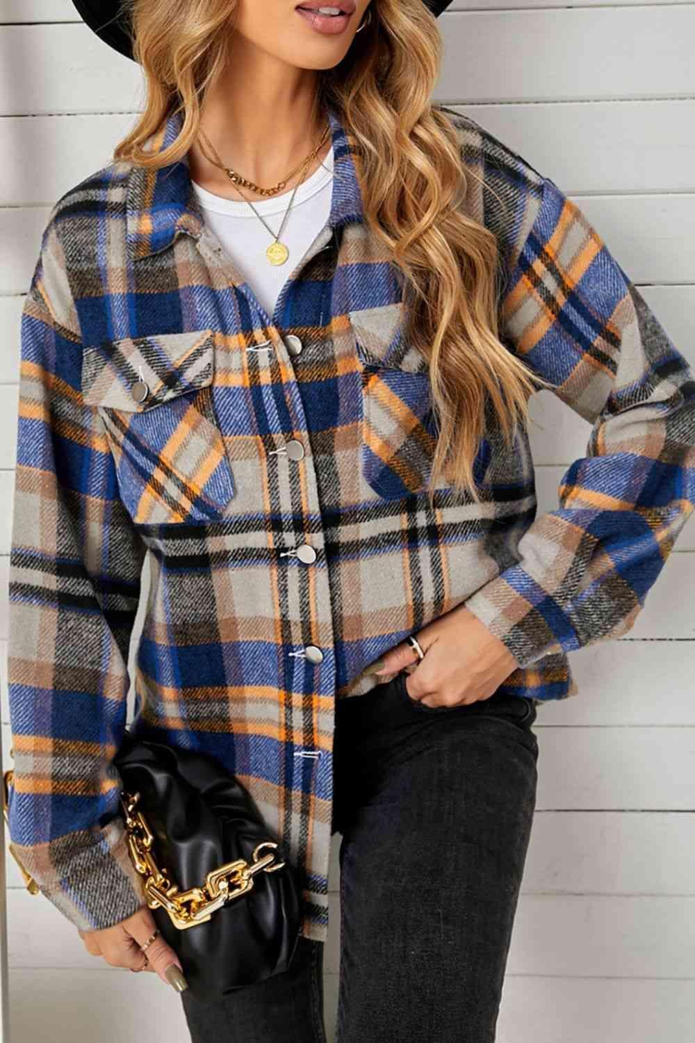 Plaid Pocketed Button Down Shacket - Bona Fide Fashion