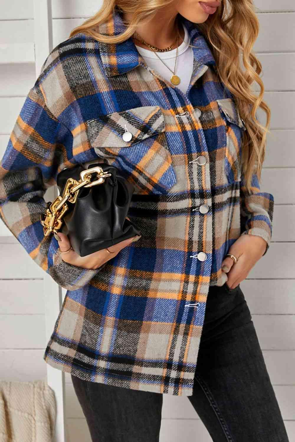 Plaid Pocketed Button Down Shacket - Bona Fide Fashion