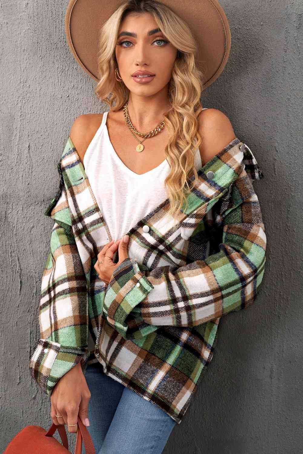 Plaid Pocketed Button Down Shacket - Bona Fide Fashion