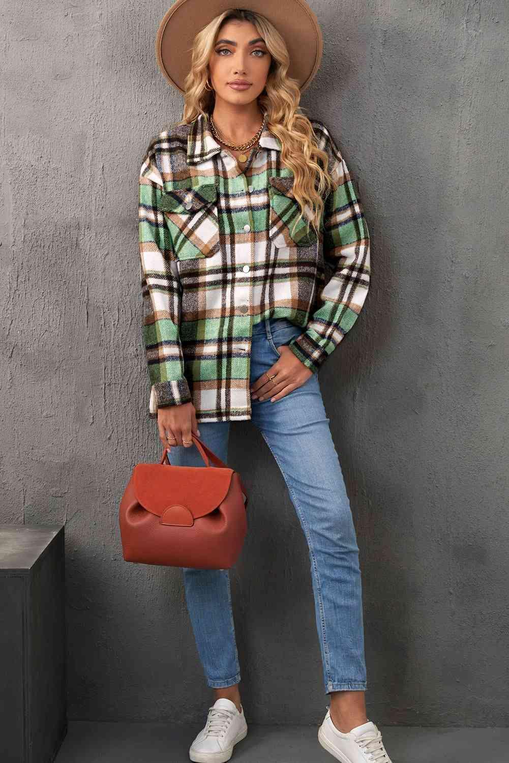 Plaid Pocketed Button Down Shacket - Bona Fide Fashion