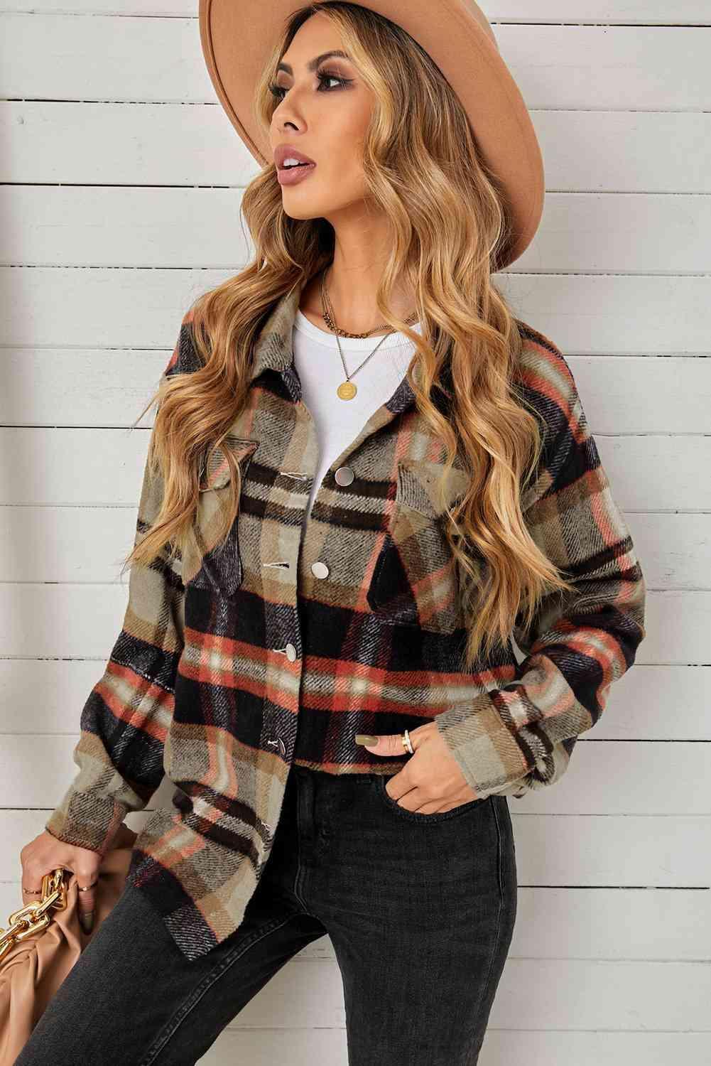 Plaid Pocketed Button Down Shacket - Bona Fide Fashion