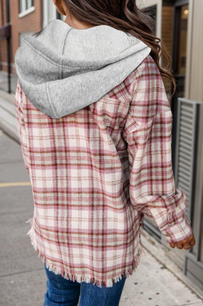 Plaid Raw Hem Drawstring Hooded Jacket - Bona Fide Fashion