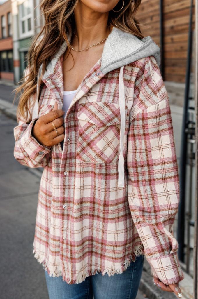 Plaid Raw Hem Drawstring Hooded Jacket - Bona Fide Fashion