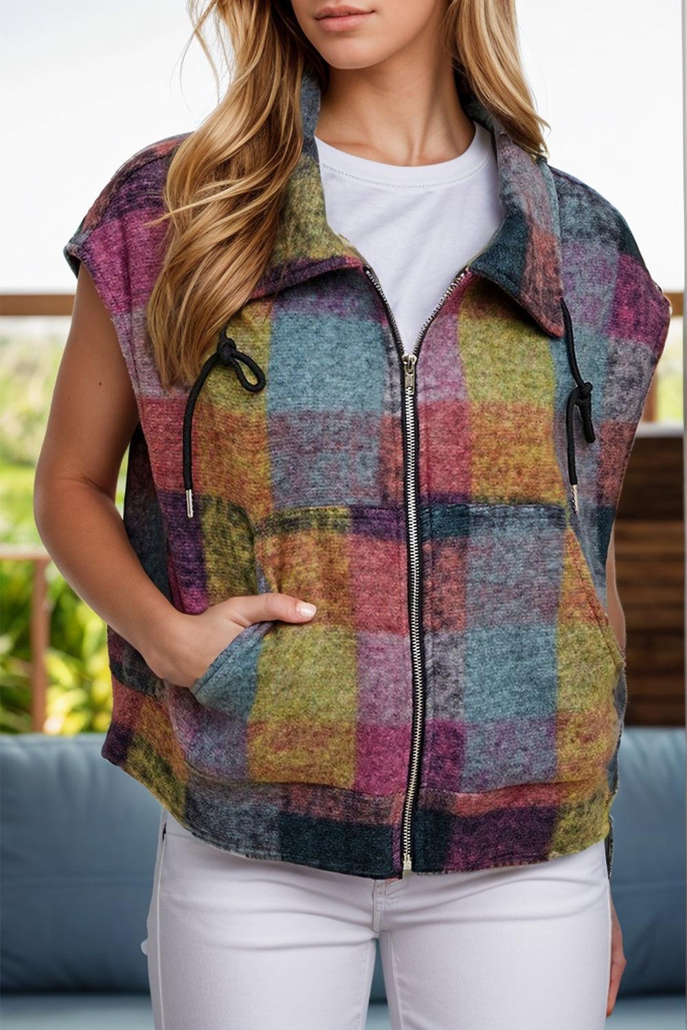 Plaid Zip Up Collared Neck Vest Coat - Bona Fide Fashion