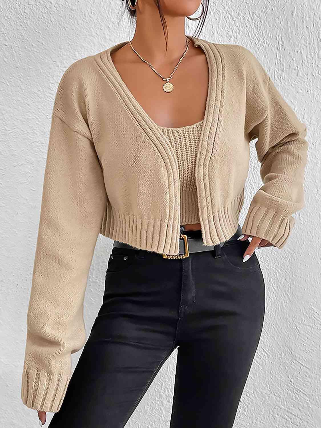 Plain Sweater Cami and Cardigan Set - Bona Fide Fashion