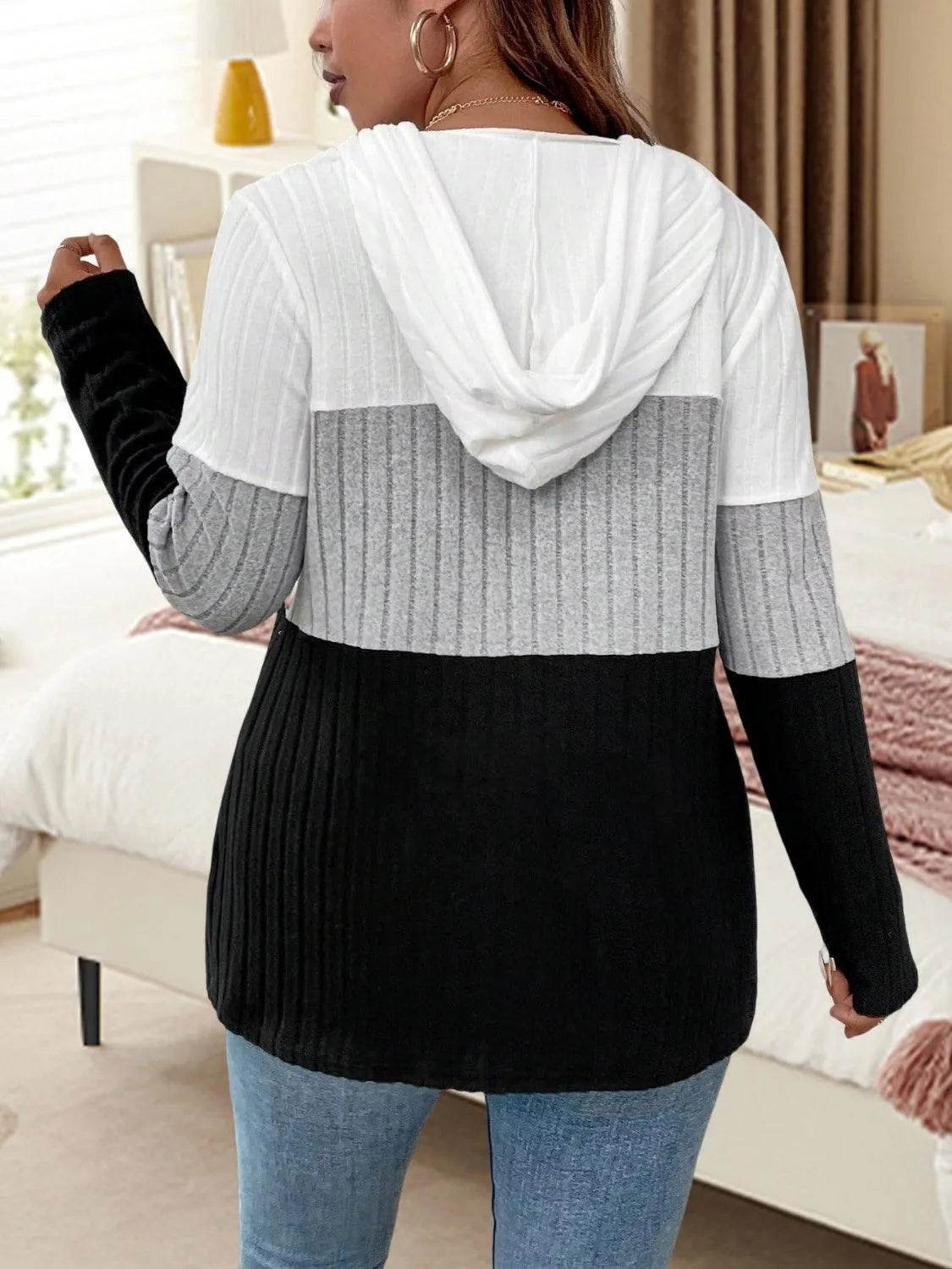 Plus Size Drawstring Color Block Long Sleeve Hooded Top - Bona Fide Fashion