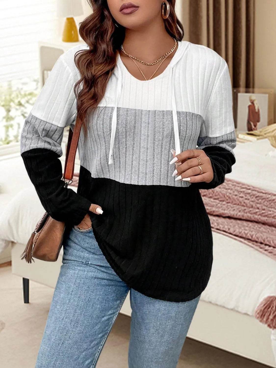 Plus Size Drawstring Color Block Long Sleeve Hooded Top - Bona Fide Fashion