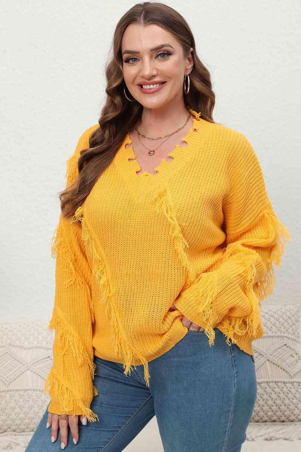 Plus Size Fringe V-Neck Long Sleeve Sweater - Bona Fide Fashion