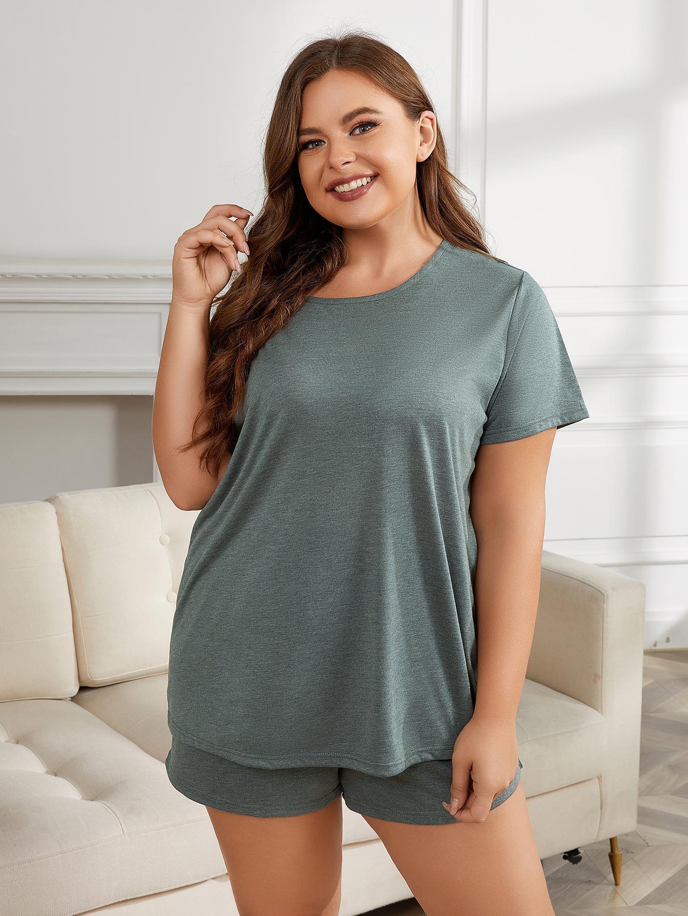 Plus Size Round Neck Short Sleeve Two-Piece Loungewear Set - Bona Fide Fashion