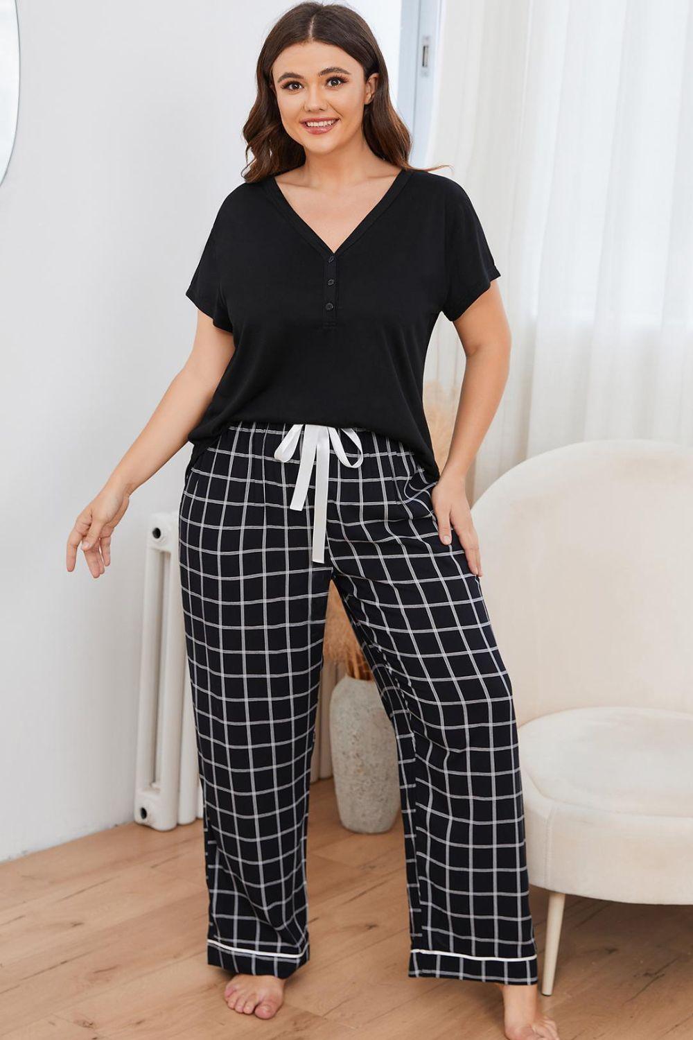 Plus Size V-Neck Top and Plaid Pants Lounge Set - Bona Fide Fashion