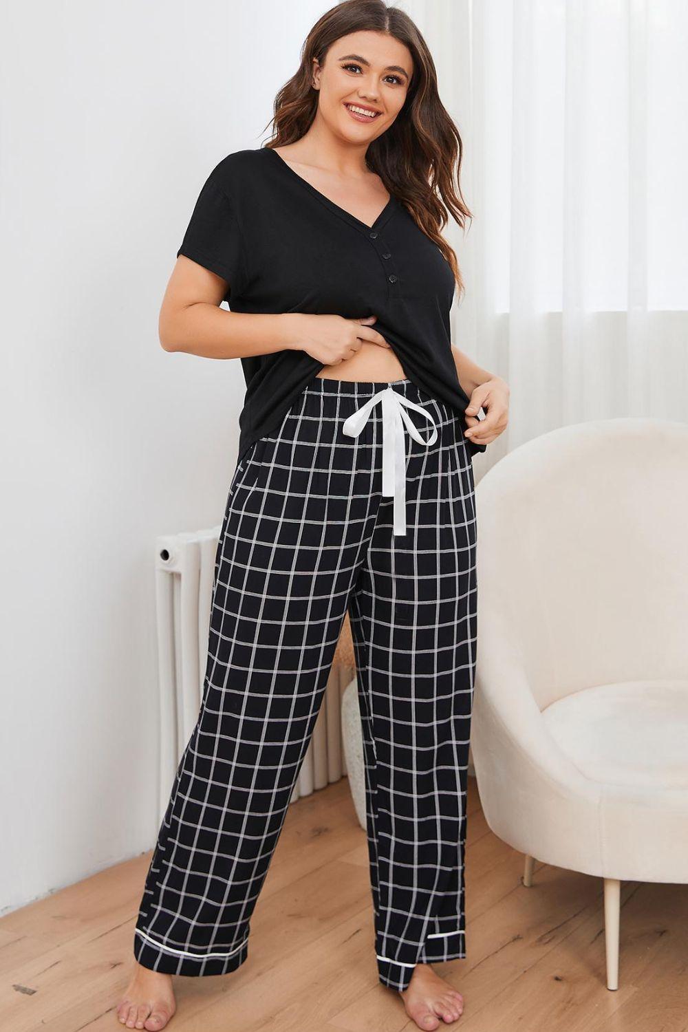 Plus Size V-Neck Top and Plaid Pants Lounge Set - Bona Fide Fashion