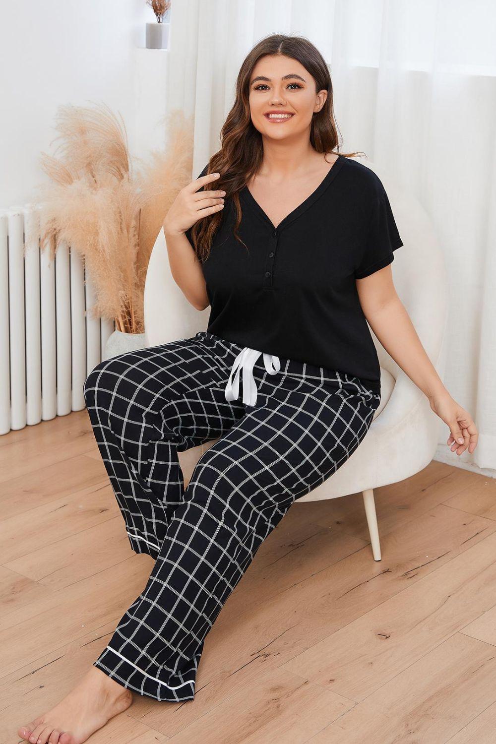 Plus Size V-Neck Top and Plaid Pants Lounge Set - Bona Fide Fashion