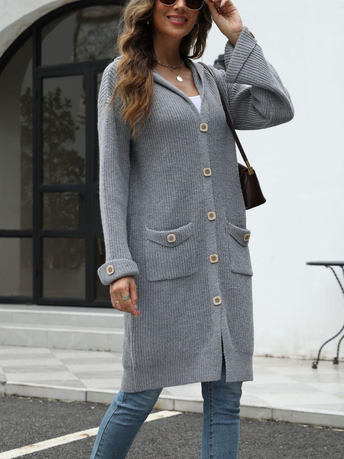 Pocketed Button Up Long Sleeve Hooded Cardigan - Bona Fide Fashion