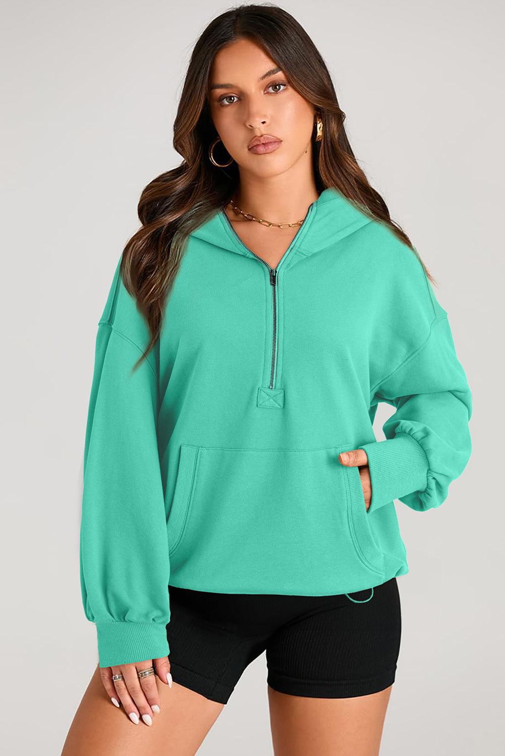 Pocketed Half Zip Long Sleeve Hoodie - Bona Fide Fashion