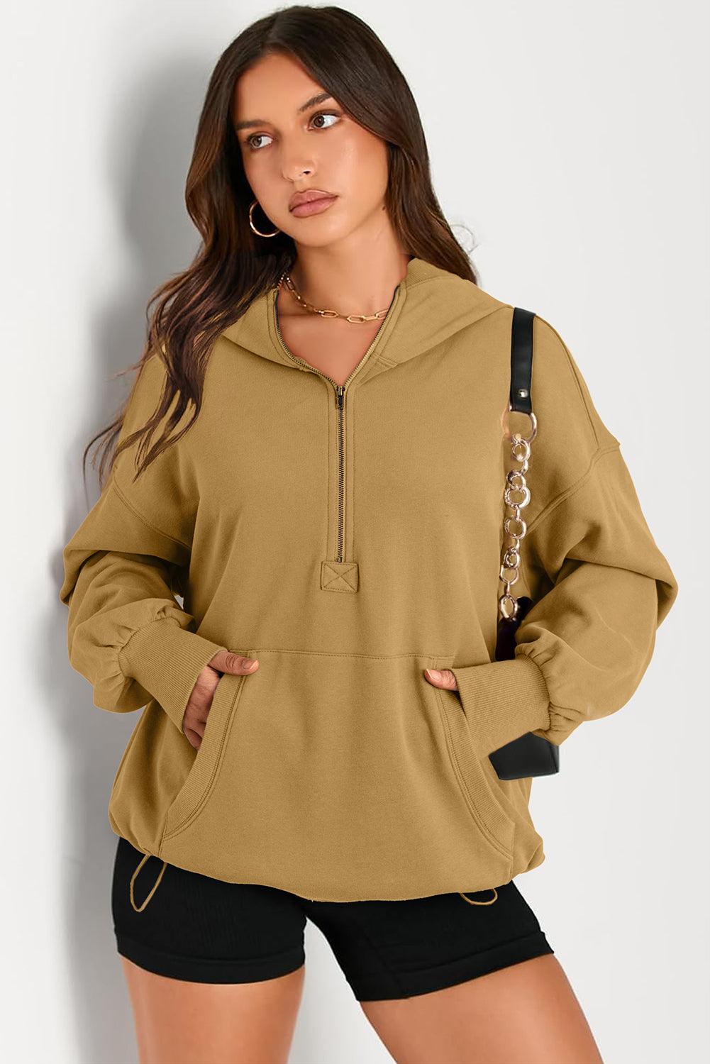 Pocketed Half Zip Long Sleeve Hoodie - Bona Fide Fashion