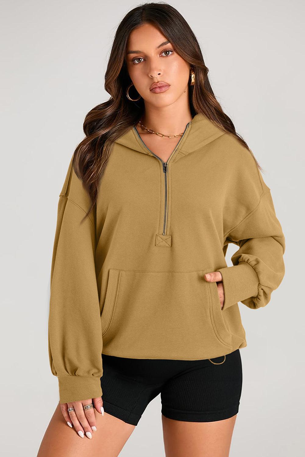 Pocketed Half Zip Long Sleeve Hoodie - Bona Fide Fashion