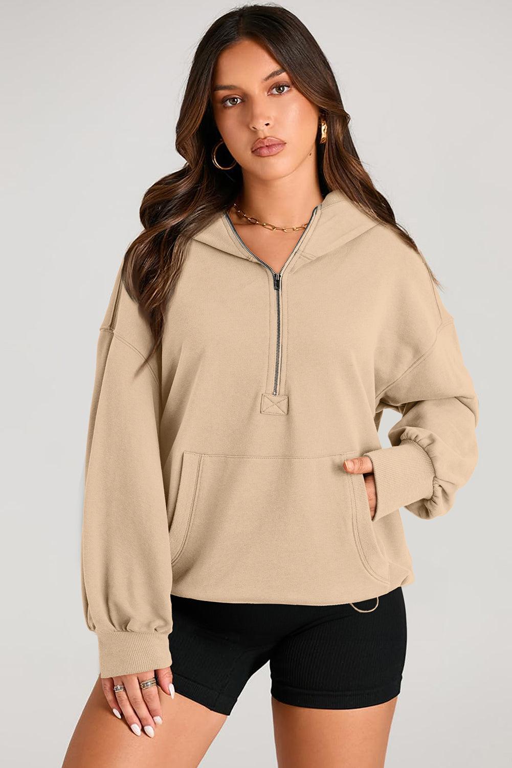 Pocketed Half Zip Long Sleeve Hoodie - Bona Fide Fashion