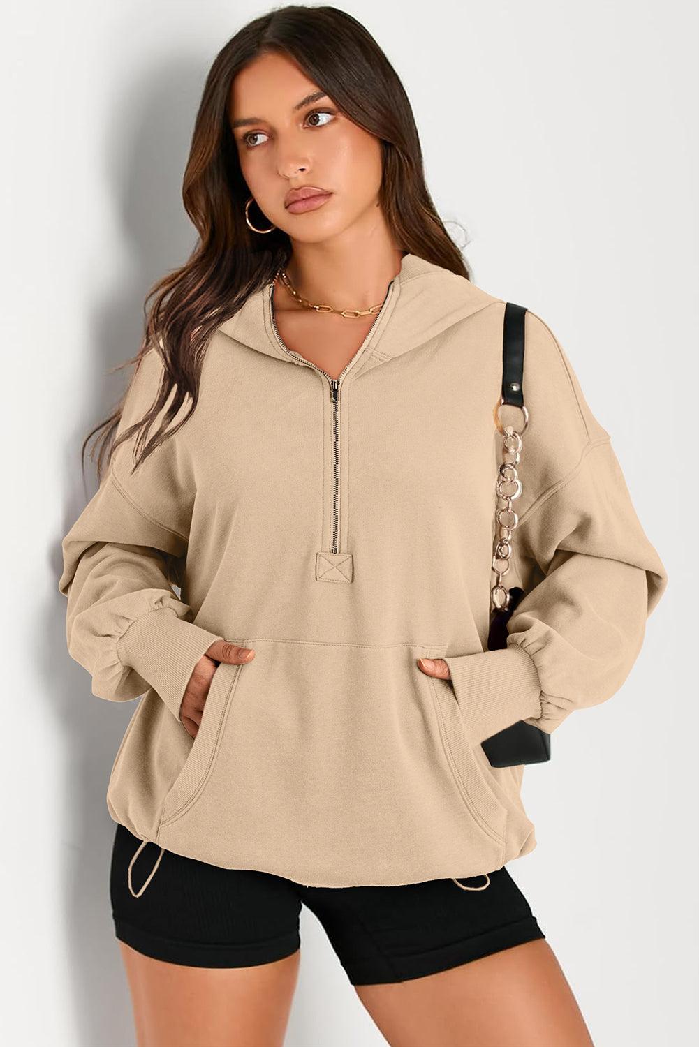 Pocketed Half Zip Long Sleeve Hoodie - Bona Fide Fashion