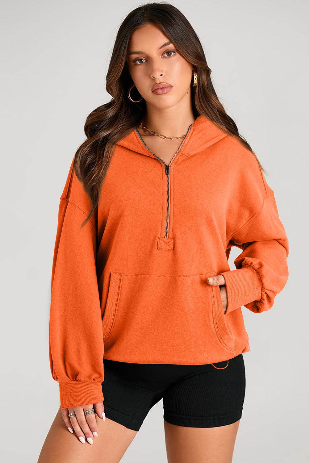 Pocketed Half Zip Long Sleeve Hoodie - Bona Fide Fashion